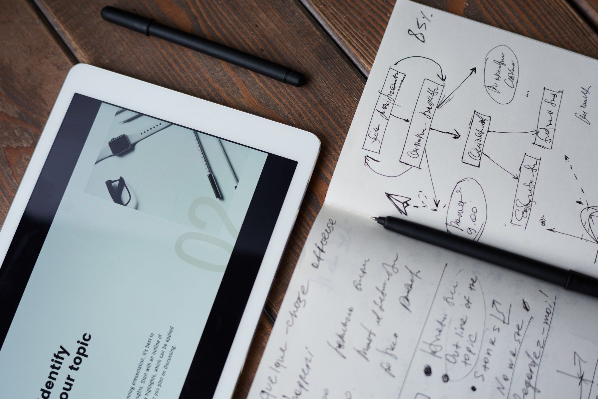 Tablet and handwritten notes on a desk with a pen and sketchbook